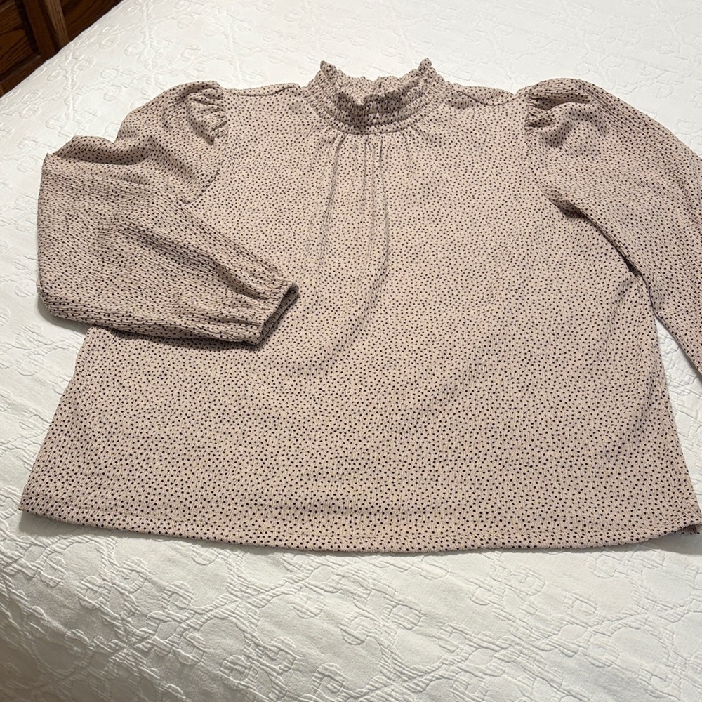 LOFT Tan and Black Dot Smocked Neck Puff Sleeve Blouse